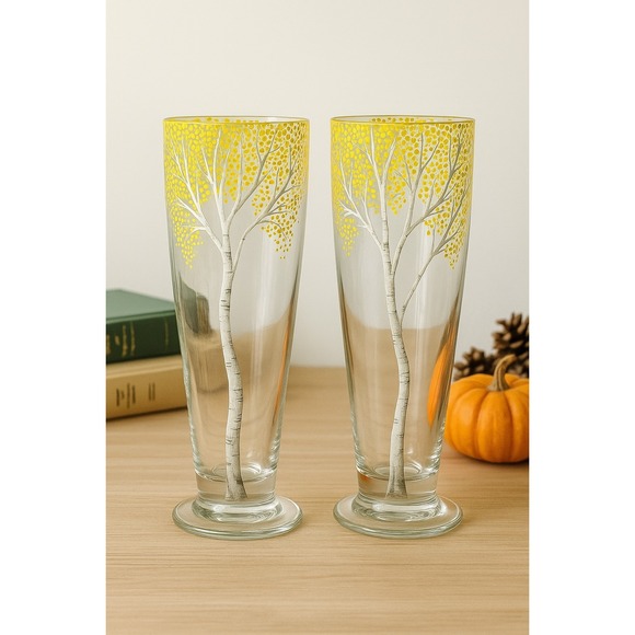 Other - Hand-Painted Birch Tree Pilsner Glasses‎ Set of 2 Autumn Yellow Forest Design
